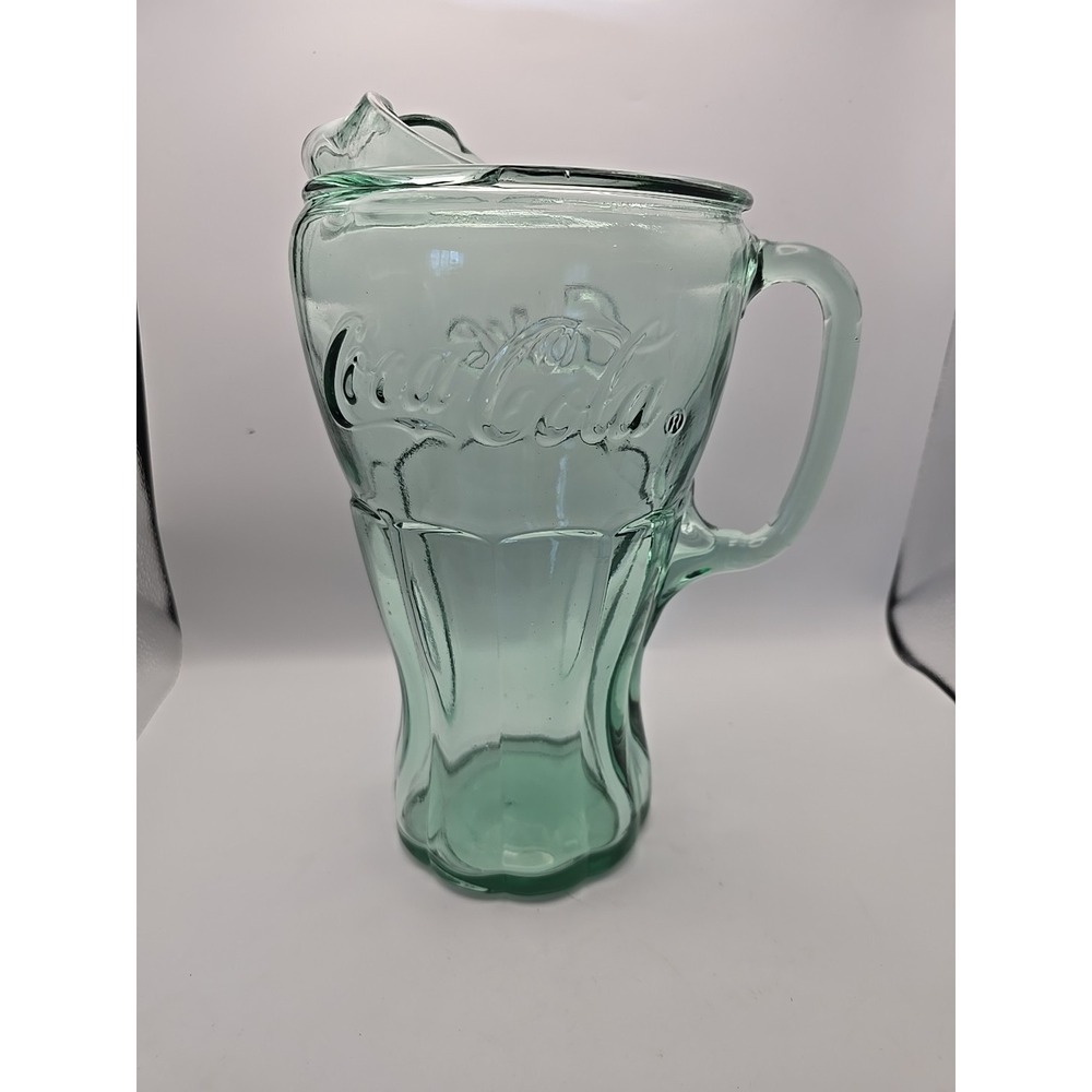Coca Cola Heavy Glass Georgia Green Pitcher w/ Fluted Ice Spout 65oz 10"